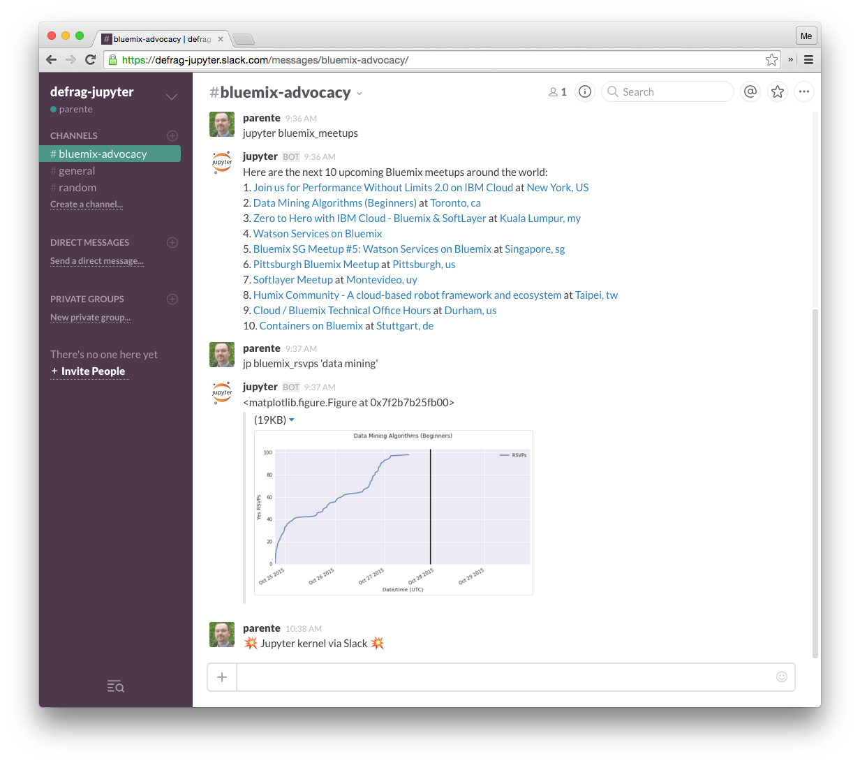 Screenshot of a Slack bot that responds to meetup queries by supported by functions in a notebook