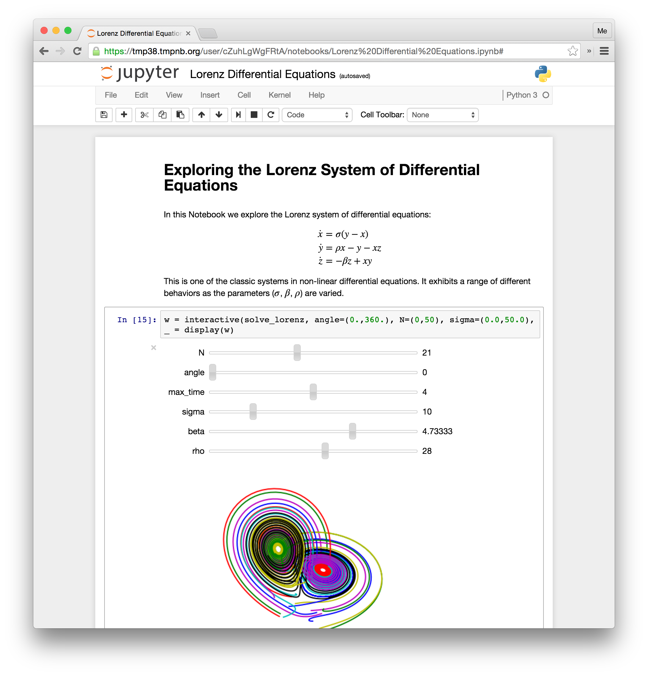 Screenshot of a notebook for exploring the Lorenz system of differential equations